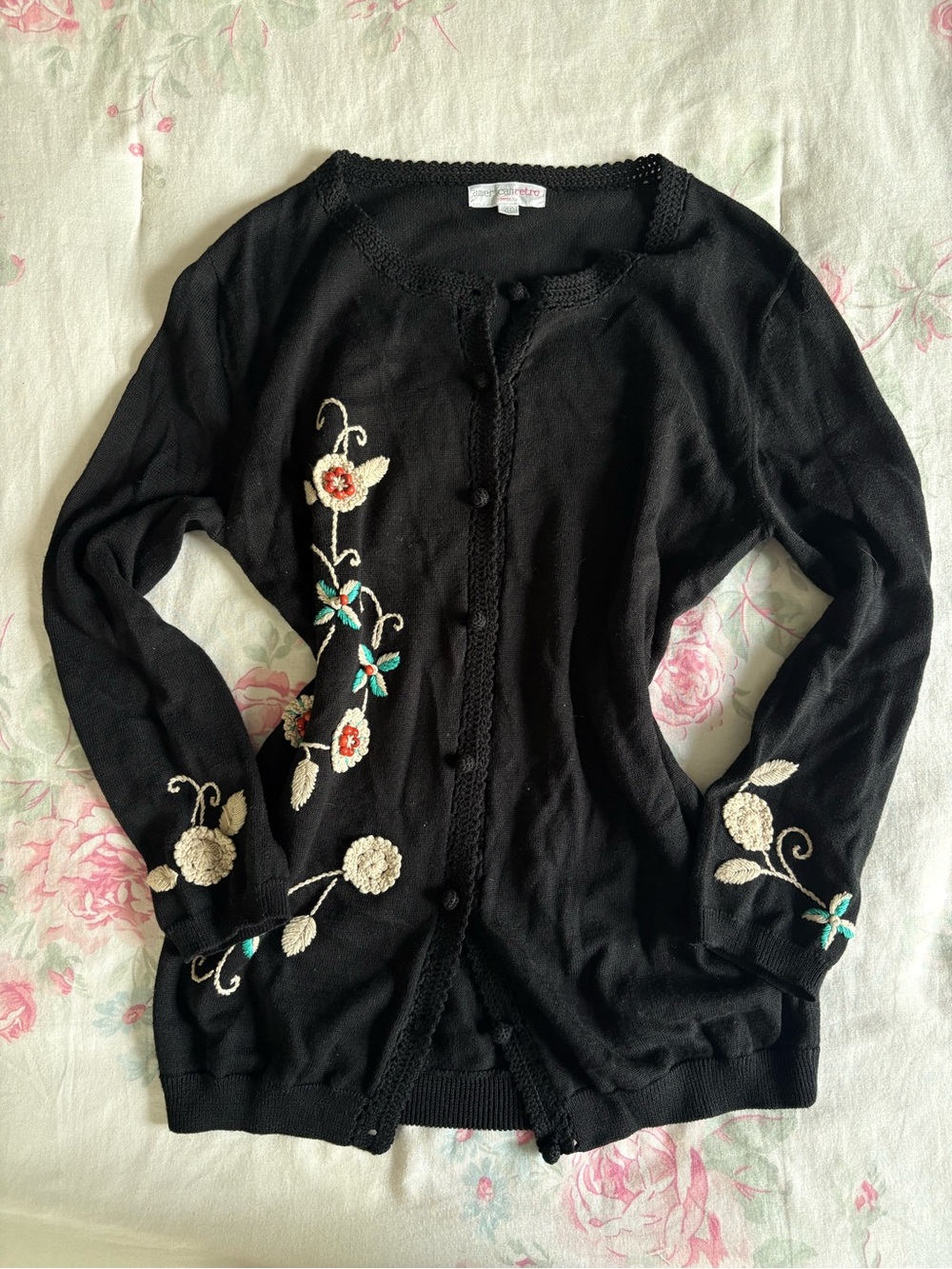 American Retro Black Cardigan with Cream & Teal Floral Embroidery